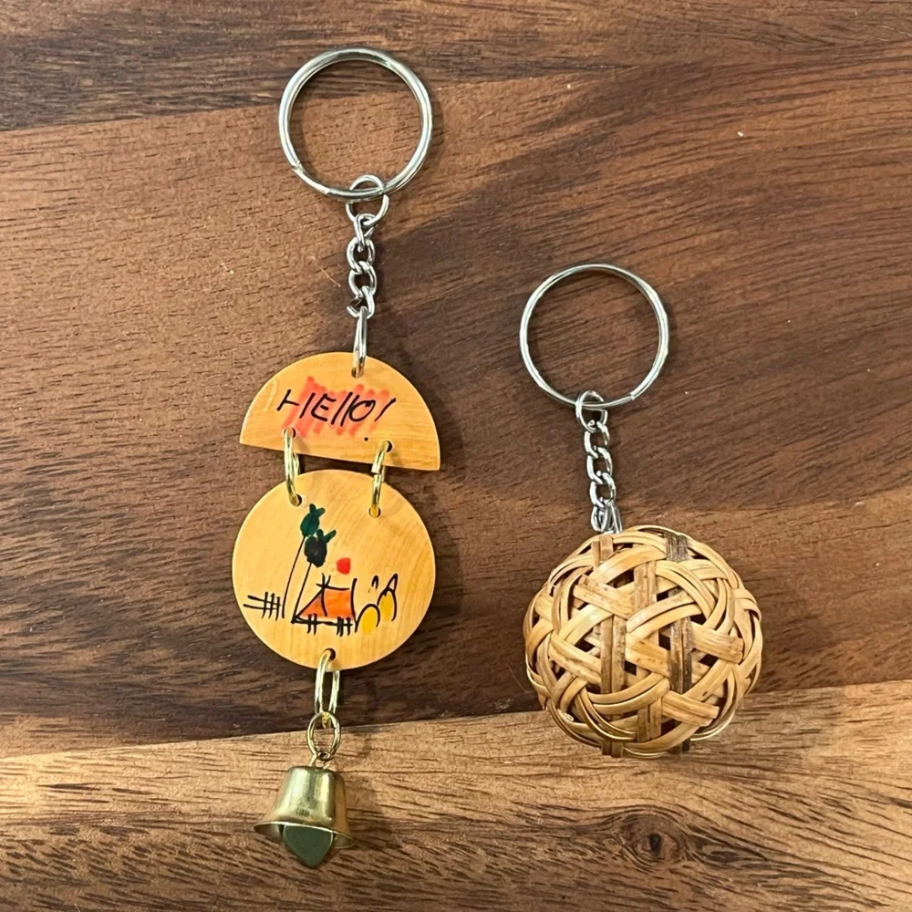 Vintage Bamboo Keychain Set Asian Souvenir Bell Woven Ball Hand-painted Charm
